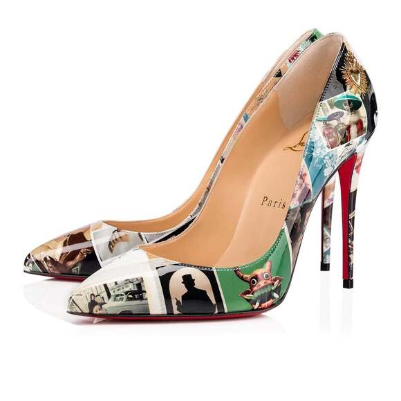 Christian Louboutin Pigalle Follies 100 Patent Collage Black Blue Heel Pump 36 - Picture 1 of 12